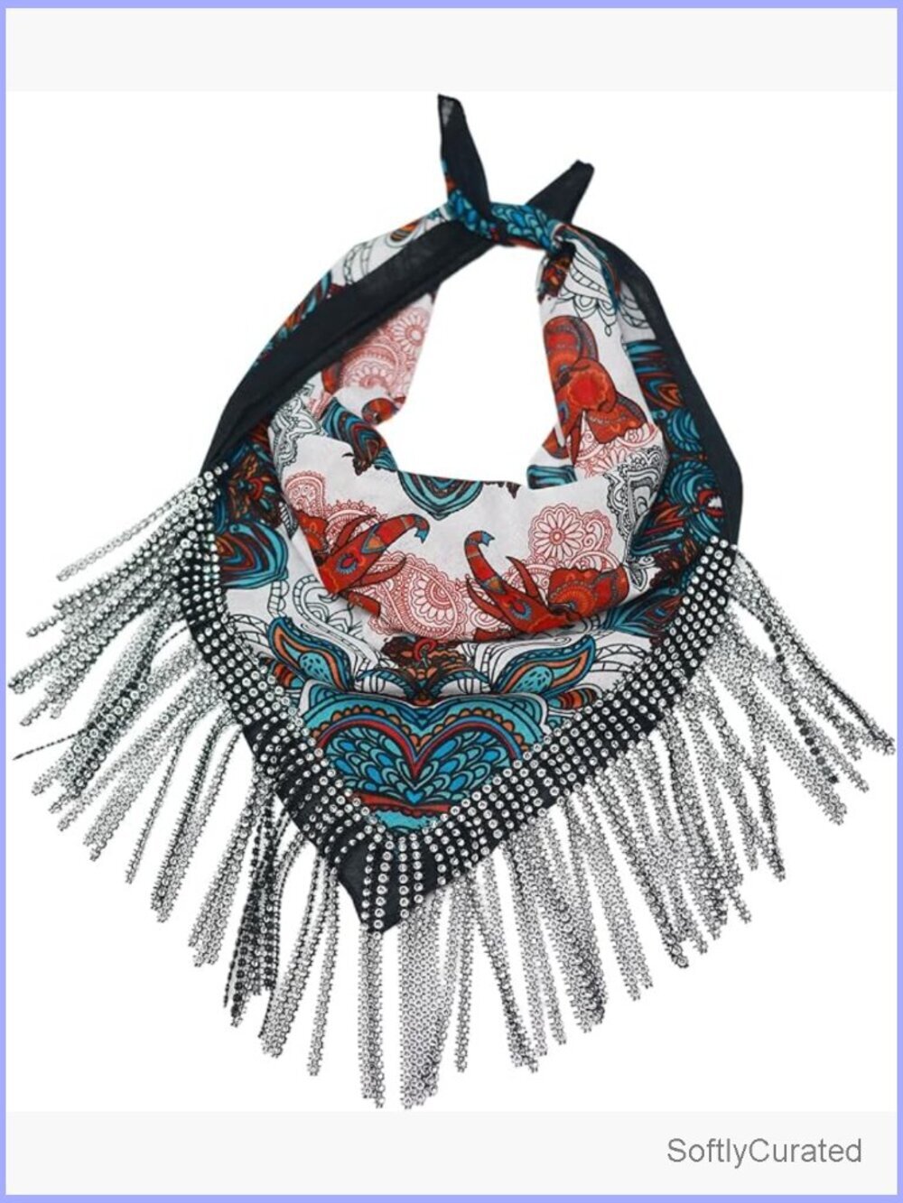 Large Floral Bandana with Fringe - Unisex Cotton Head Scarf Boho Fashion